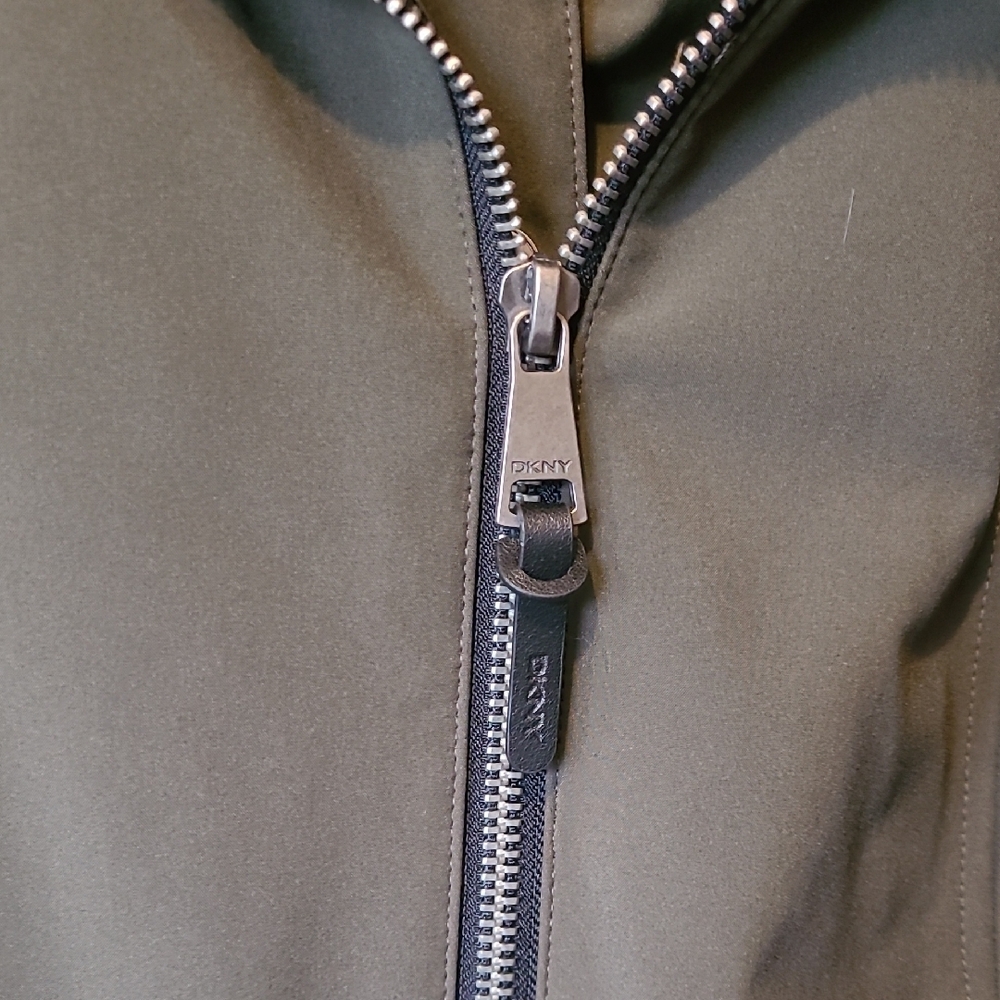 DKNY Women Olive Outerwear Softshell Hooded Long Jacket Velboa Lined Size Small - Picture 7 of 15